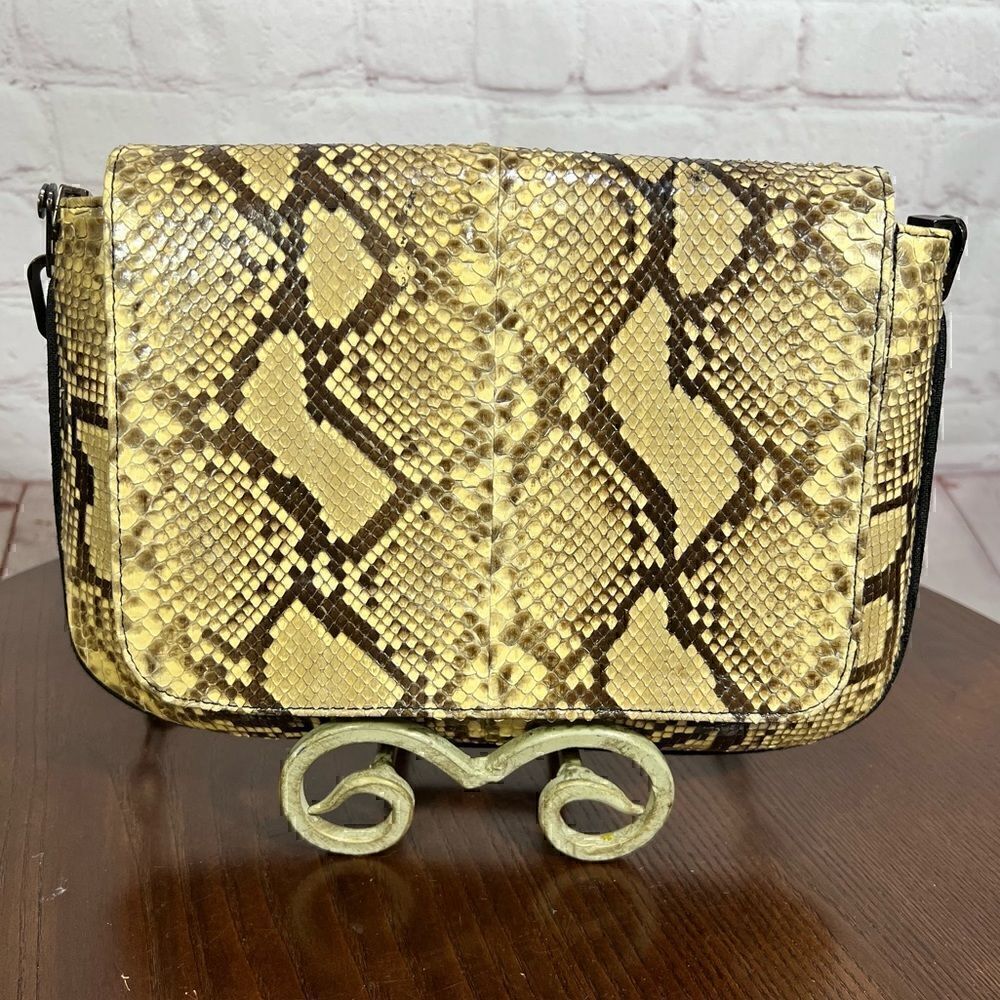 STUART WEITZMAN PYTHON SNAKESKIN & linen shoulder bag gunmetal chain strap - Picture 9 of 12